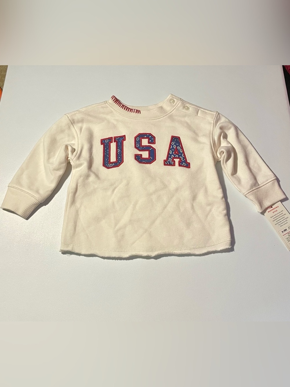 NWT Cat & Jack Baby USA Sweatshirt Cream Red Blue Paisley Patch Top Size 6-9M